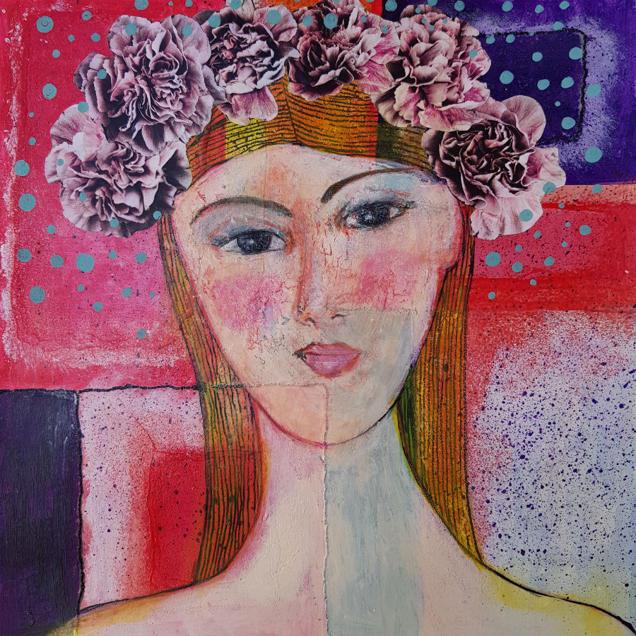 Woman Pink Peonies Mixed Media